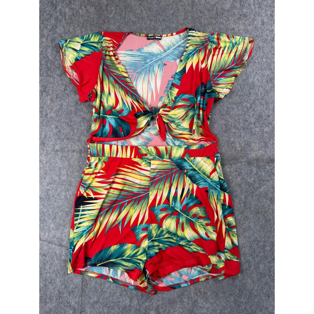 Fashion Nova Womens 2X Tropical Palm Print Cutout Tie Front Romper Red M2684R6